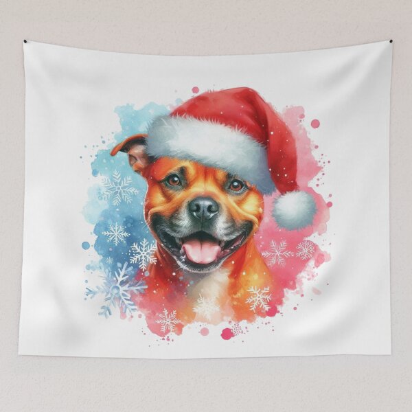 Item preview, Red Staffy Wearing a Santa Hat at Christmas Colorful Watercolor designed and sold by MaedK.