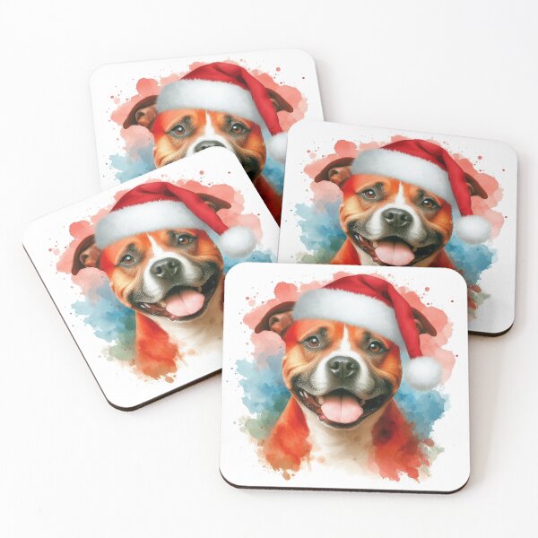 Item preview, Red Staffy Wearing a Santa Hat at Christmas Colorful Watercolor designed and sold by MaedK.