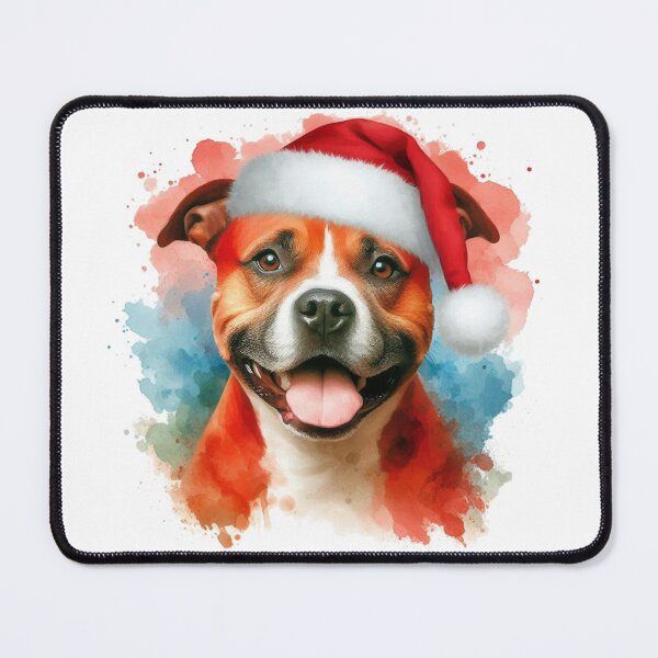 Item preview, Red Staffy Wearing a Santa Hat at Christmas Colorful Watercolor designed and sold by MaedK.