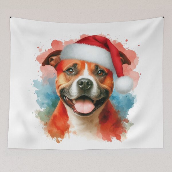Item preview, Red Staffy Wearing a Santa Hat at Christmas Colorful Watercolor designed and sold by MaedK.
