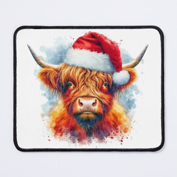 Item preview, Scottish Highland Cow Wearing a Santa Hat at Christmas Colorful Watercolor designed and sold by MaedK.