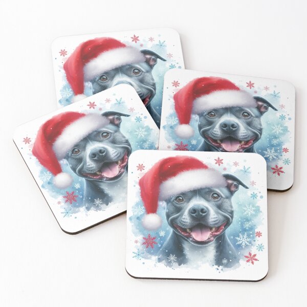 Item preview, Blue Staffy Wearing a Santa Hat at Christmas Colorful Watercolor designed and sold by MaedK.