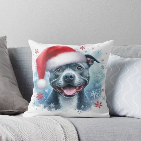Item preview, Blue Staffy Wearing a Santa Hat at Christmas Colorful Watercolor designed and sold by MaedK.