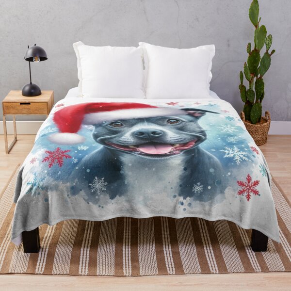 Item preview, Blue Staffy Wearing a Santa Hat at Christmas Colorful Watercolor designed and sold by MaedK.
