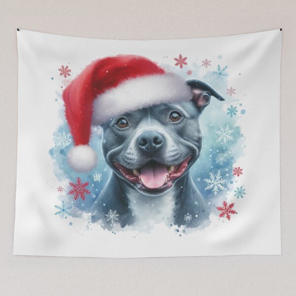 Item preview, Blue Staffy Wearing a Santa Hat at Christmas Colorful Watercolor designed and sold by MaedK.