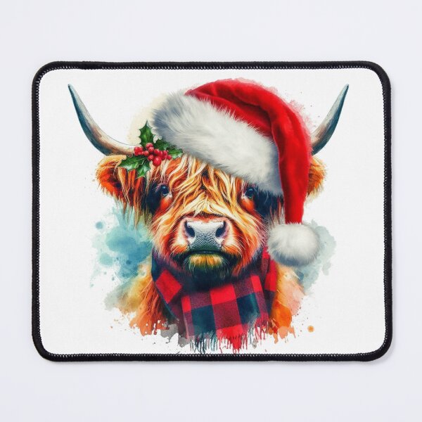 Item preview, Scottish Highland Cow Wearing a Santa Hat at Christmas Colorful Watercolor designed and sold by MaedK.