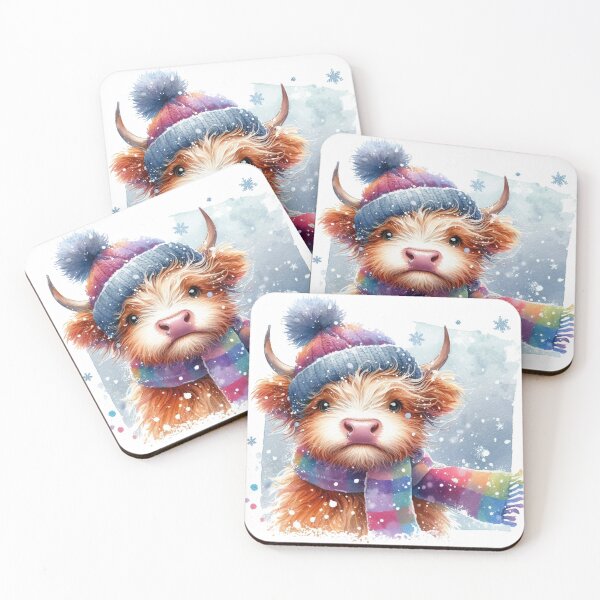 Item preview, Cute Scottish Highland Cow Calf in Winter Snow Wearing Hat and Scarf Colorful Watercolor designed and sold by MaedK.