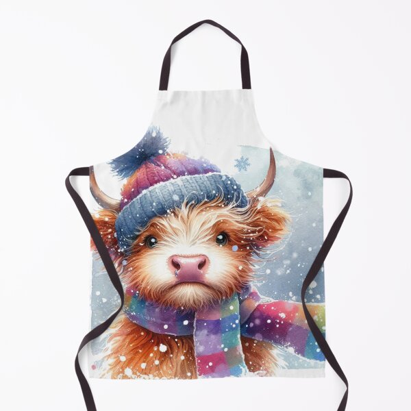 Item preview, Cute Scottish Highland Cow Calf in Winter Snow Wearing Hat and Scarf Colorful Watercolor designed and sold by MaedK.