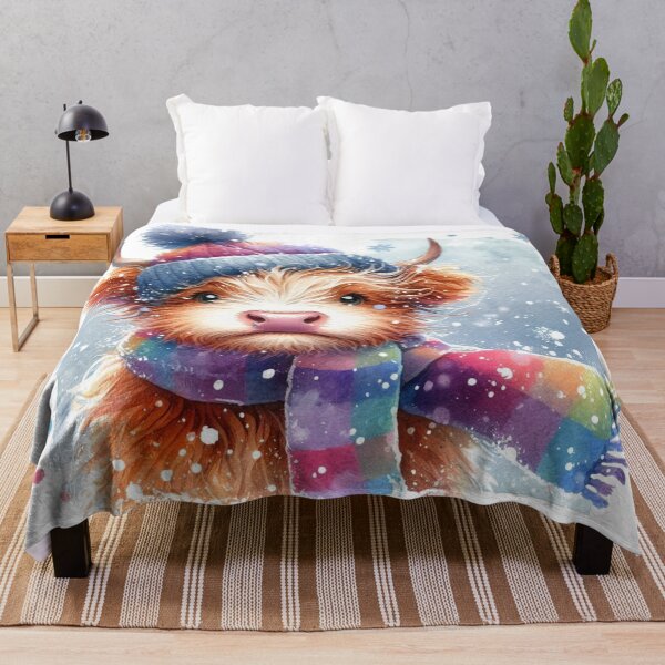 Item preview, Cute Scottish Highland Cow Calf in Winter Snow Wearing Hat and Scarf Colorful Watercolor designed and sold by MaedK.