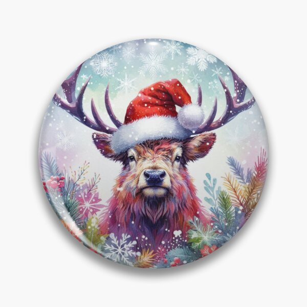 Item preview, Scottish Highland Stag Wearing a Santa Hat at Christmas Colorful Watercolor designed and sold by MaedK.