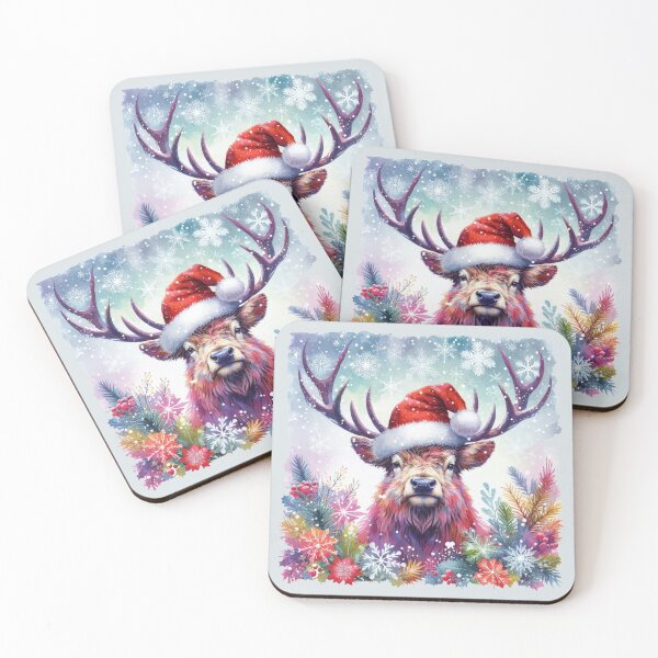 Item preview, Scottish Highland Stag Wearing a Santa Hat at Christmas Colorful Watercolor designed and sold by MaedK.