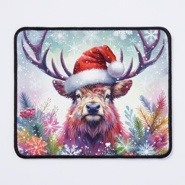 Item preview, Scottish Highland Stag Wearing a Santa Hat at Christmas Colorful Watercolor designed and sold by MaedK.
