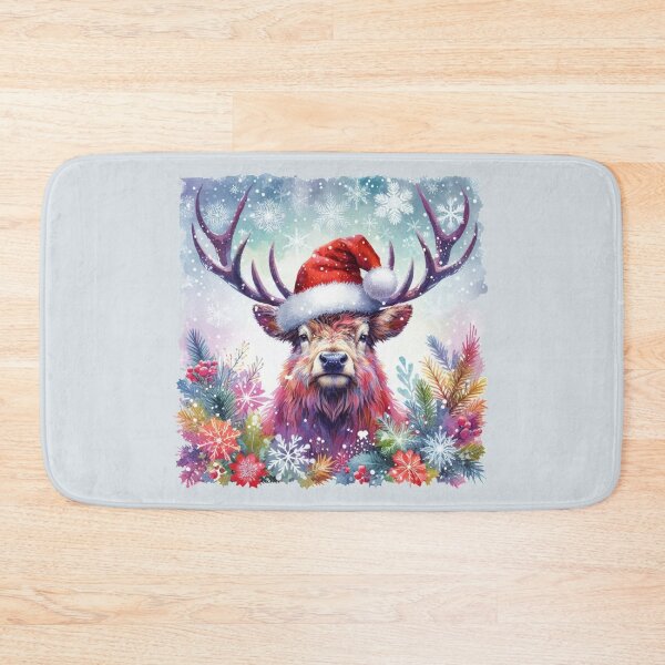Item preview, Scottish Highland Stag Wearing a Santa Hat at Christmas Colorful Watercolor designed and sold by MaedK.