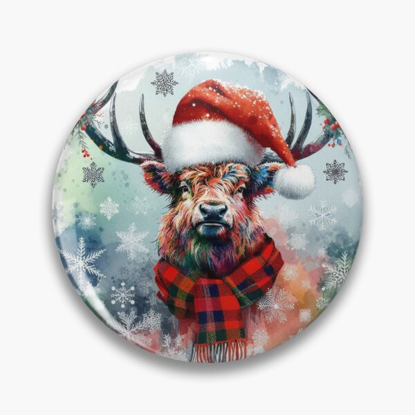 Item preview, Scottish Highland Stag Wearing a Santa Hat at Christmas Colorful Watercolor designed and sold by MaedK.