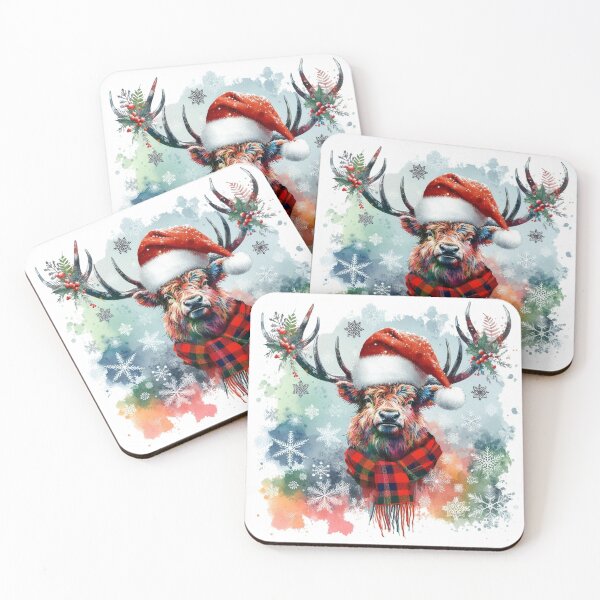 Item preview, Scottish Highland Stag Wearing a Santa Hat at Christmas Colorful Watercolor designed and sold by MaedK.