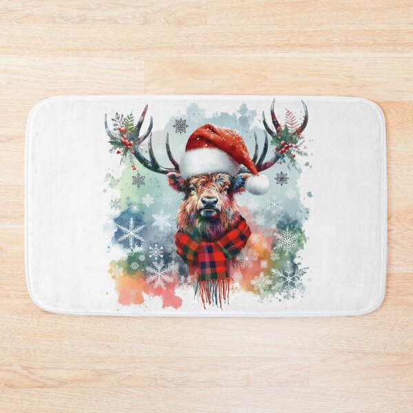 Item preview, Scottish Highland Stag Wearing a Santa Hat at Christmas Colorful Watercolor designed and sold by MaedK.