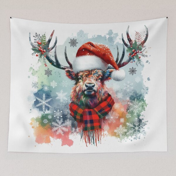 Item preview, Scottish Highland Stag Wearing a Santa Hat at Christmas Colorful Watercolor designed and sold by MaedK.