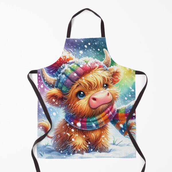 Item preview, Cute Scottish Highland Cow Calf in Winter Snow Wearing Hat and Scarf Colorful Watercolor designed and sold by MaedK.