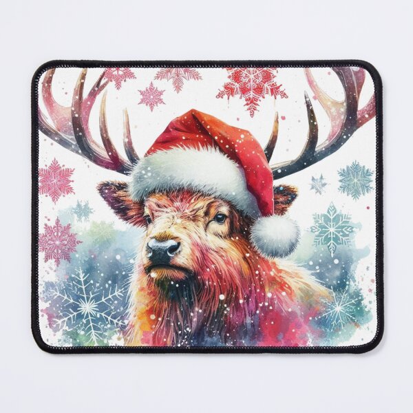Item preview, Scottish Highland Stag Wearing a Santa Hat at Christmas Colorful Watercolor designed and sold by MaedK.
