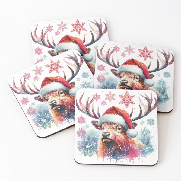 Item preview, Scottish Highland Stag Wearing a Santa Hat at Christmas Colorful Watercolor designed and sold by MaedK.