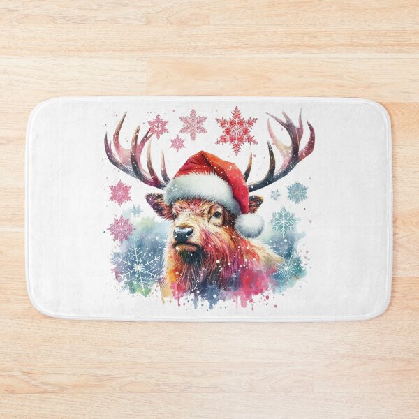 Item preview, Scottish Highland Stag Wearing a Santa Hat at Christmas Colorful Watercolor designed and sold by MaedK.