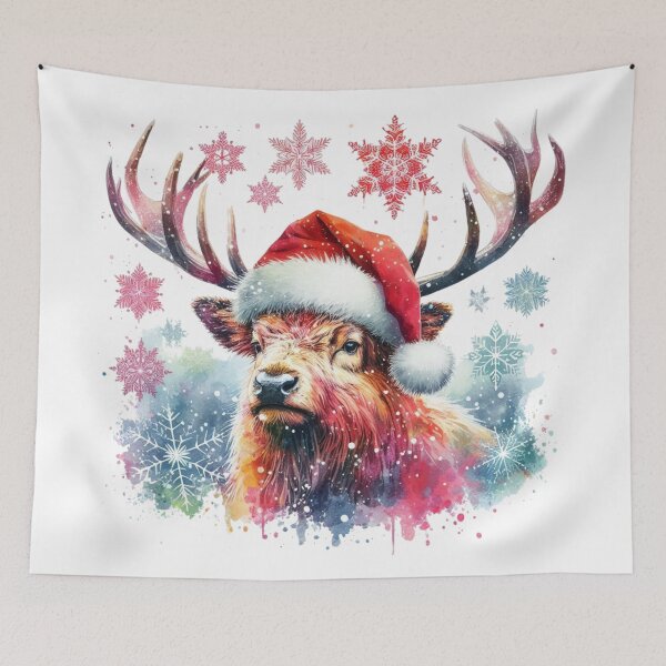 Item preview, Scottish Highland Stag Wearing a Santa Hat at Christmas Colorful Watercolor designed and sold by MaedK.