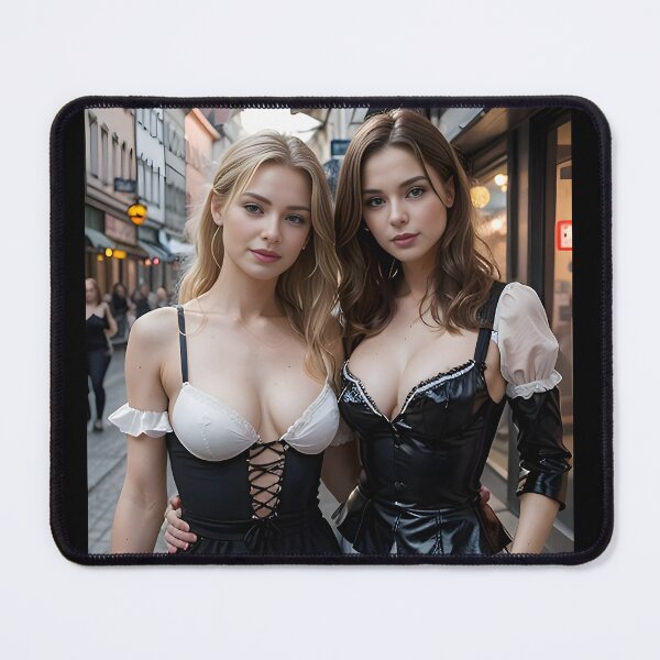 Item preview, German Women in Black and White Dirndls - AI Photography in Charming City Street designed and sold by aiEuroGirls.