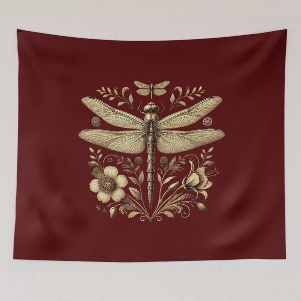 Item preview, Dragonfly amidst blooming flowers in a vintage style designed and sold by Meandmyshop.
