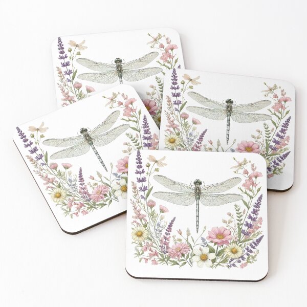 Artikelvorschau, Libelle zwischen Sommerblüten in sanften Pastelltönen entworfen und verkauft von Meandmyshop.