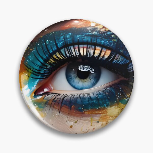 Item preview, Extreme close-up of mesmerizing eyes with electric blue eyeshadow surrounded by intricate golden patterns, gemstones, and liquid-like decorative elements designed and sold by homydesign.