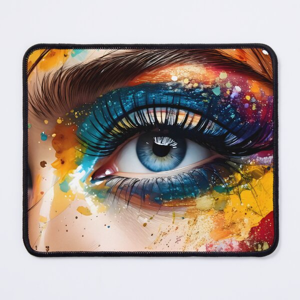 Item preview, Extreme close-up of mesmerizing eyes with electric blue eyeshadow surrounded by intricate golden patterns, gemstones, and liquid-like decorative elements designed and sold by homydesign.