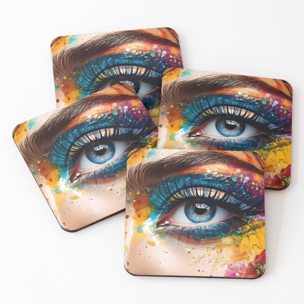 Item preview, Extreme close-up of mesmerizing eyes with electric blue eyeshadow surrounded by intricate golden patterns, gemstones, and liquid-like decorative elements designed and sold by homydesign.