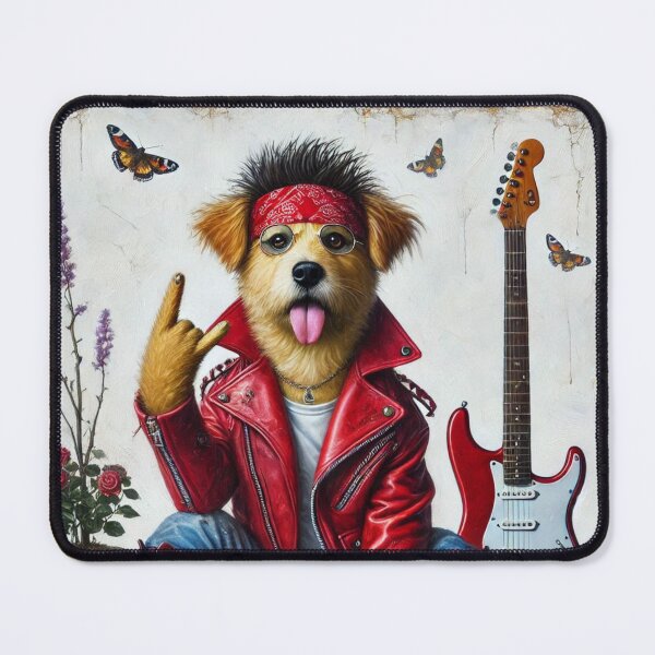 Artikelvorschau, Animal Spirit - Hund in roter Lederjacke, Rockstar mit E-Gitarre entworfen und verkauft von erkabees.
