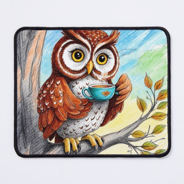 Artikelvorschau, eine Eule, die eine Tasse heißen Tee hält und trinkt, steht auf einem Ast eines Baumes voller Blätter unter einem Himmel mit Abendfarben entworfen und verkauft von Affinity Arts Co..