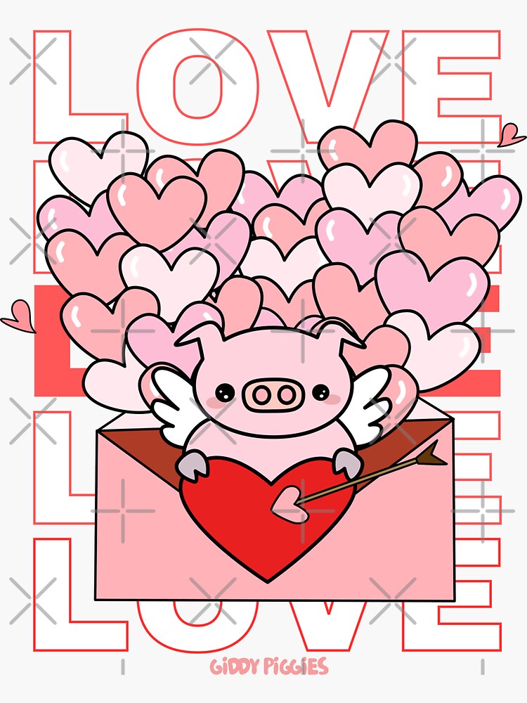 Thumbnail 3 of 3, Sticker, Giddy Piggies Valentine Love Delivery designed and sold by loopcreations.