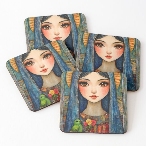 Item preview, Saintly figure holding flowers with bird, iconic style designed and sold by Artessie.