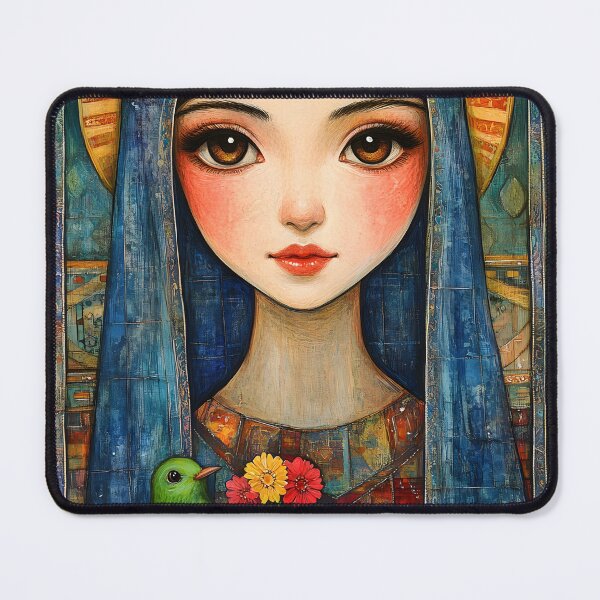 Item preview, Saintly figure holding flowers with bird, iconic style designed and sold by Artessie.