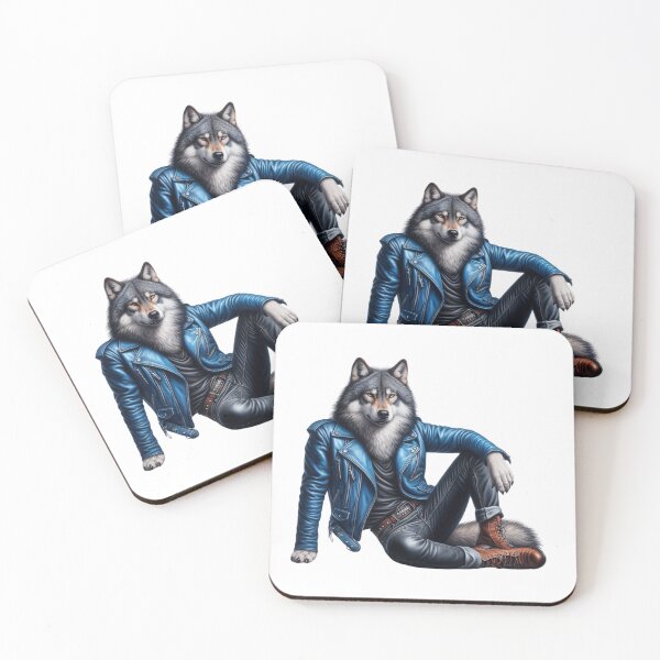 Item preview, Animal Spirit - Wolf wearing a Blue Leather Jacket, Boots and Denim Pants designed and sold by erkabees.