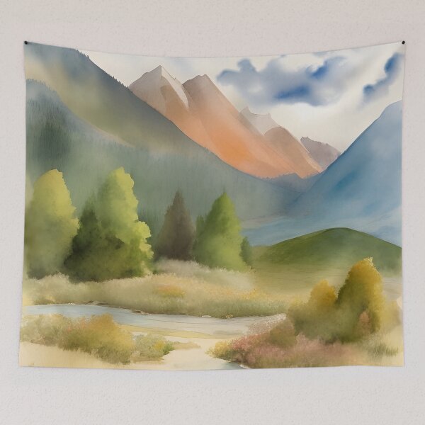 Item preview, Mountains in Summer Landscape Watercolor Painting | Watercolor Landscape | Watercolor Art | Watercolor Scenery designed and sold by UnhingedBird.