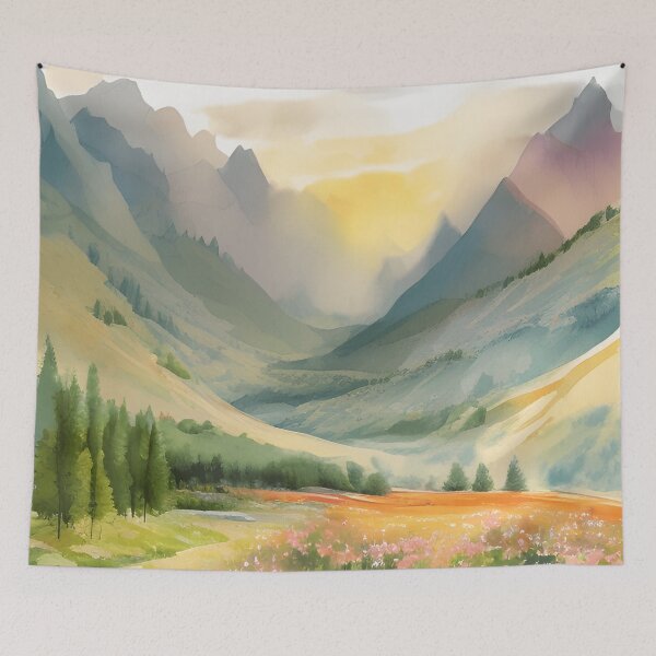 Item preview, Mountains in Spring Landscape Watercolor Painting | Watercolor Landscape | Watercolor Art | Watercolor Scenery designed and sold by UnhingedBird.