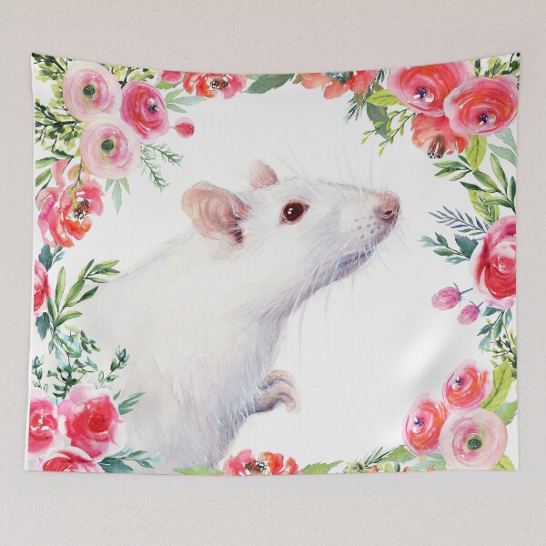 Item preview, White Rat and Red Flowers Watercolor Floral Animal designed and sold by Olga Shvartsur.