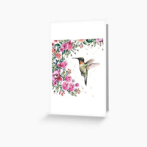 Hummingbird and Flowers Watercolor Greeting Card