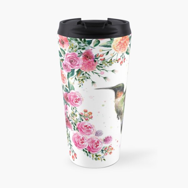 Hummingbird and Flowers Watercolor Travel Mug