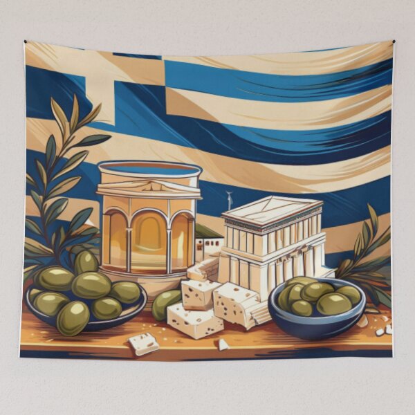 Item preview, Greek Culture Art with Flag, Olives, and Architecture designed and sold by RaiyaTees.
