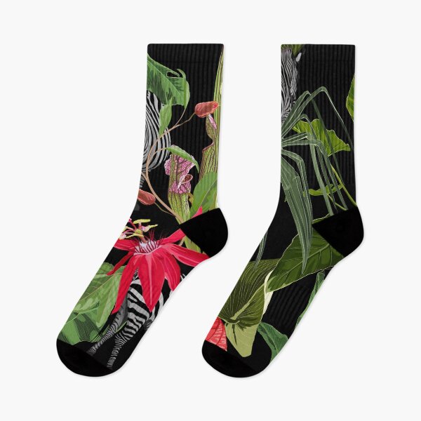 Item preview, Tropical floral leaves, palm banana tree and exotic passiflora flowers, zebra wildlife animal floral seamless pattern. designed and sold by MatyKotiv.
