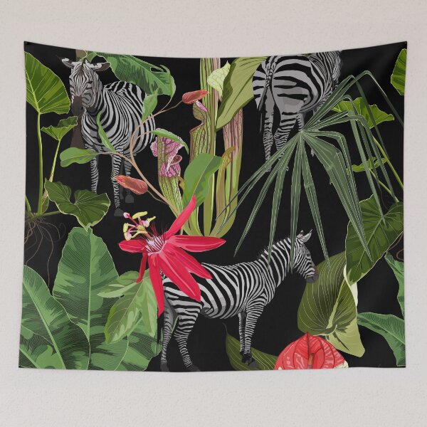 Item preview, Tropical floral leaves, palm banana tree and exotic passiflora flowers, zebra wildlife animal floral seamless pattern. designed and sold by MatyKotiv.