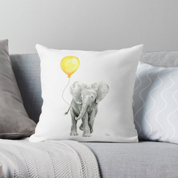 Elephant Baby Watercolor with Yellow Balloon Throw Pillow