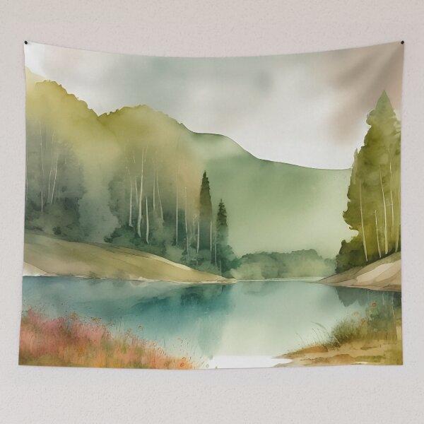Item preview, Forest Lake in Summer Landscape Watercolor Painting | Watercolor Landscape | Watercolor Art | Watercolor Scenery designed and sold by UnhingedBird.