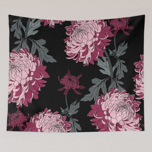 Item preview, Seamless background with embroidery and Japanese simple colored bordo chrysanthemums on black background. designed and sold by MatyKotiv.