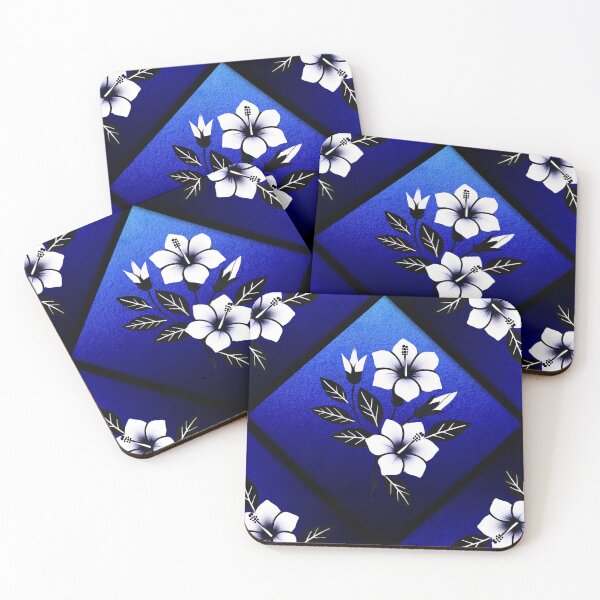 Item preview, Minimalist black and white hibiscus flower pattern on blue background for Pattern designed and sold by Audrey Janvier | AJD.